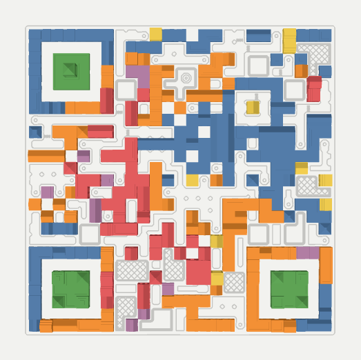 The same kind of city from straight above, coloured by district: the QR code shows